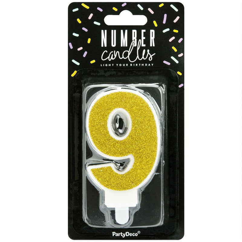 PartyDeco cijferkaars - glitter goud - 9