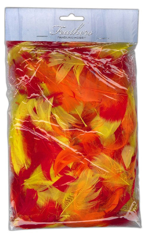 Donzen veren ±70 stuks/ 5-10cm- Mix rood/geel/oranje