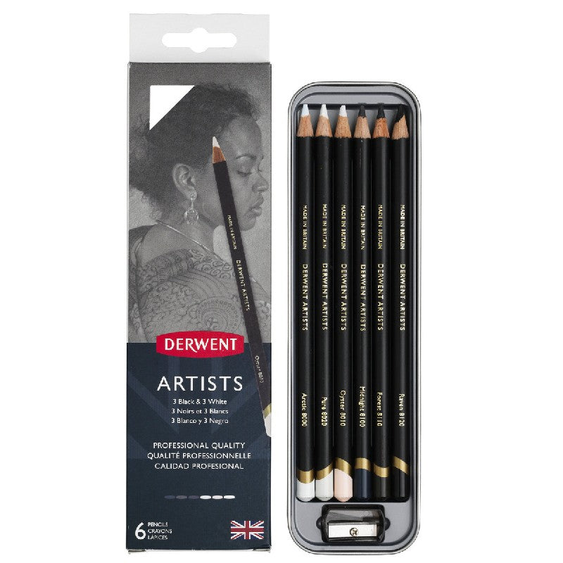 Derwent Artists potloden - 3x wit + 3x zwart