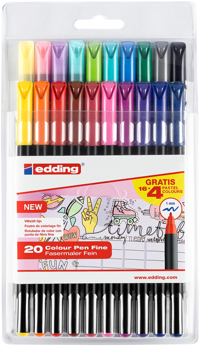 edding 1200 colour pen set - 16 basis + 4 gratis pastelkleuren
