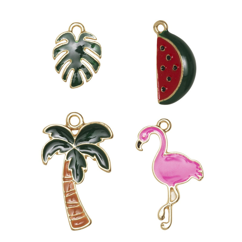 Bedeltjes - flamingo/blad/meloen/palmboom