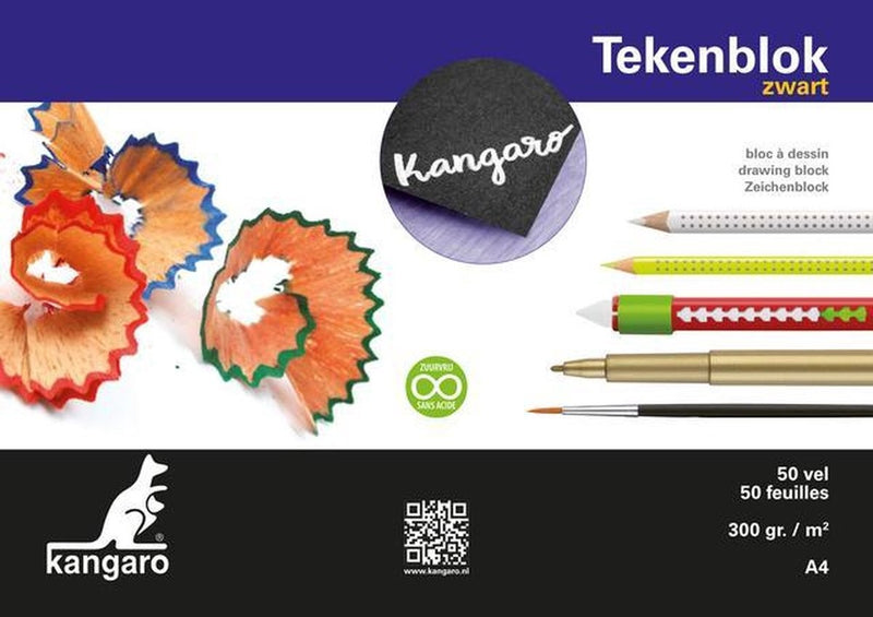 Kangaro blok tekenpapier - A4 - zwart papier
