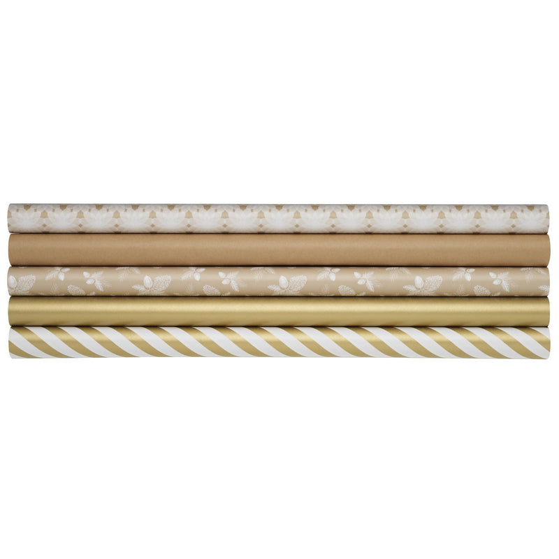 Cadeaupapier set - 5 rollen - Kerst goud