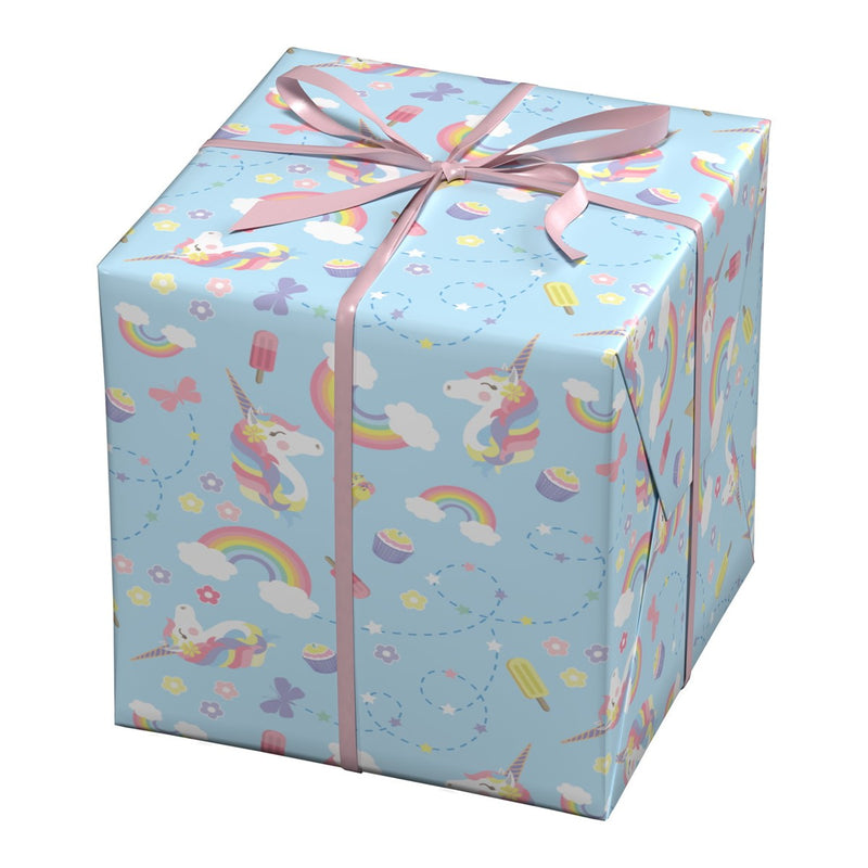 Cadeaupapier - 10 meter - luchtblauw unicorn