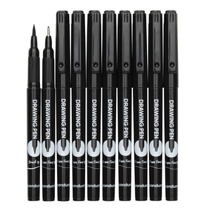 Tekenpennen - 10 stuks - fineliners + brushpen - zwart
