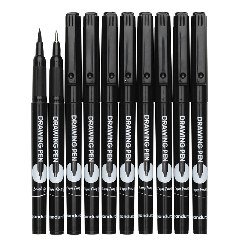Tekenpennen - 10 stuks - fineliners + brushpen - zwart