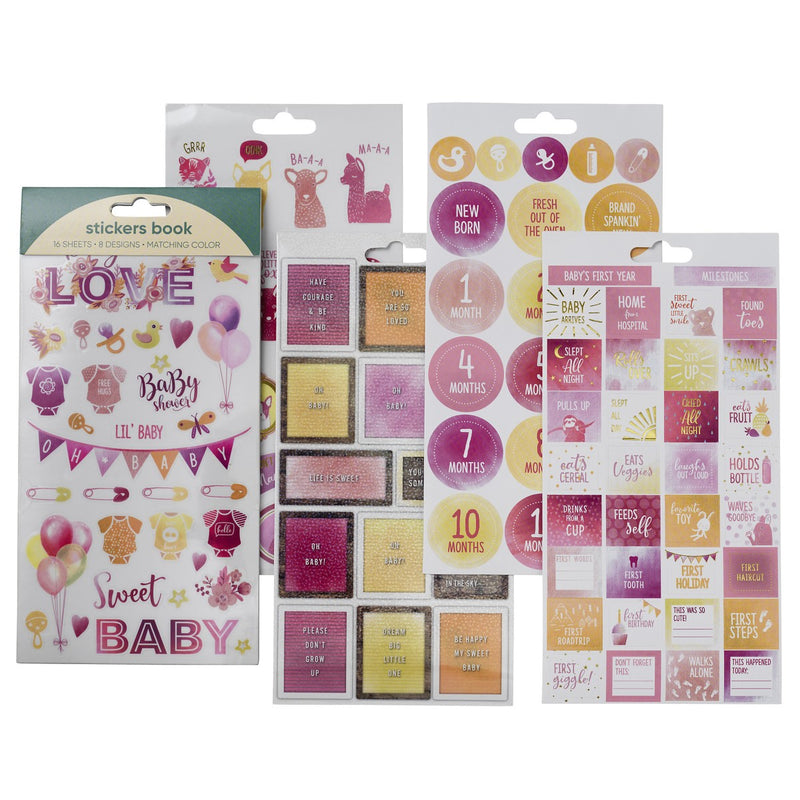 stickers 16 vellen - geboorte roze