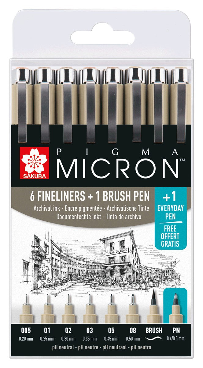Sakura Pigma Micron - 7 stuks + 1 brush pen + 1 everyday pen