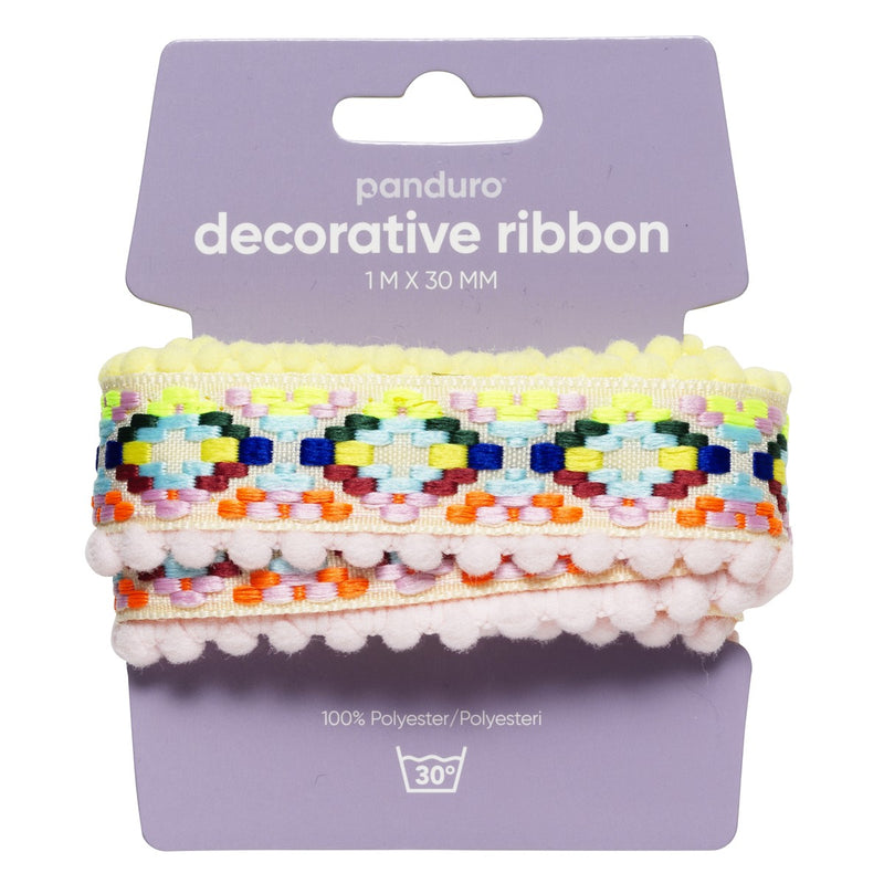 Decoratief lint - 1 meter - gele en roze pompons