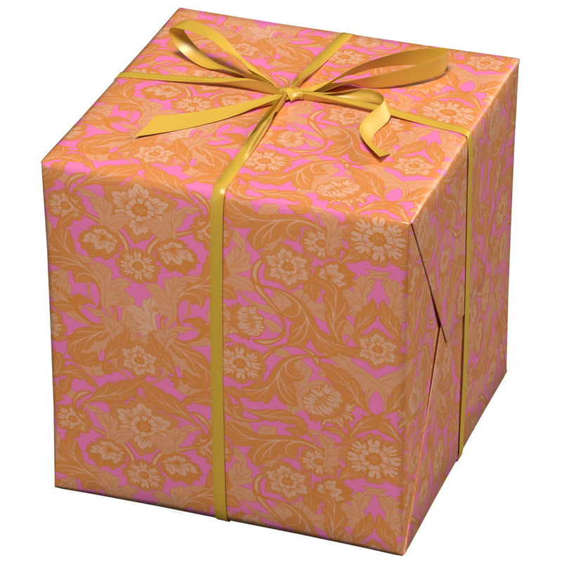 Cadeaupapier - 10 meter - roze met oranje bloemen