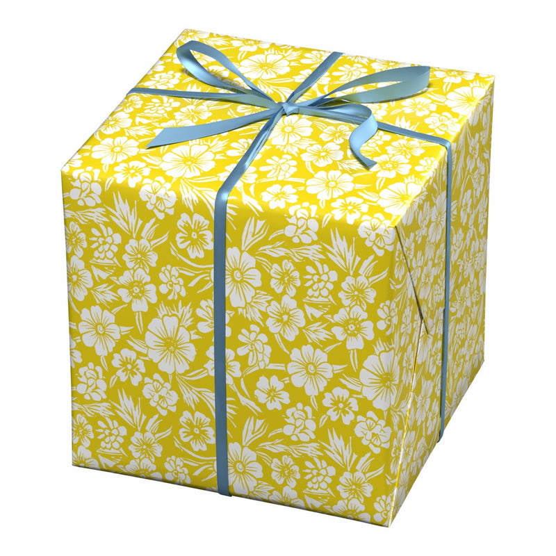 Cadeaupapier - 10 meter - geel/witte bloemen