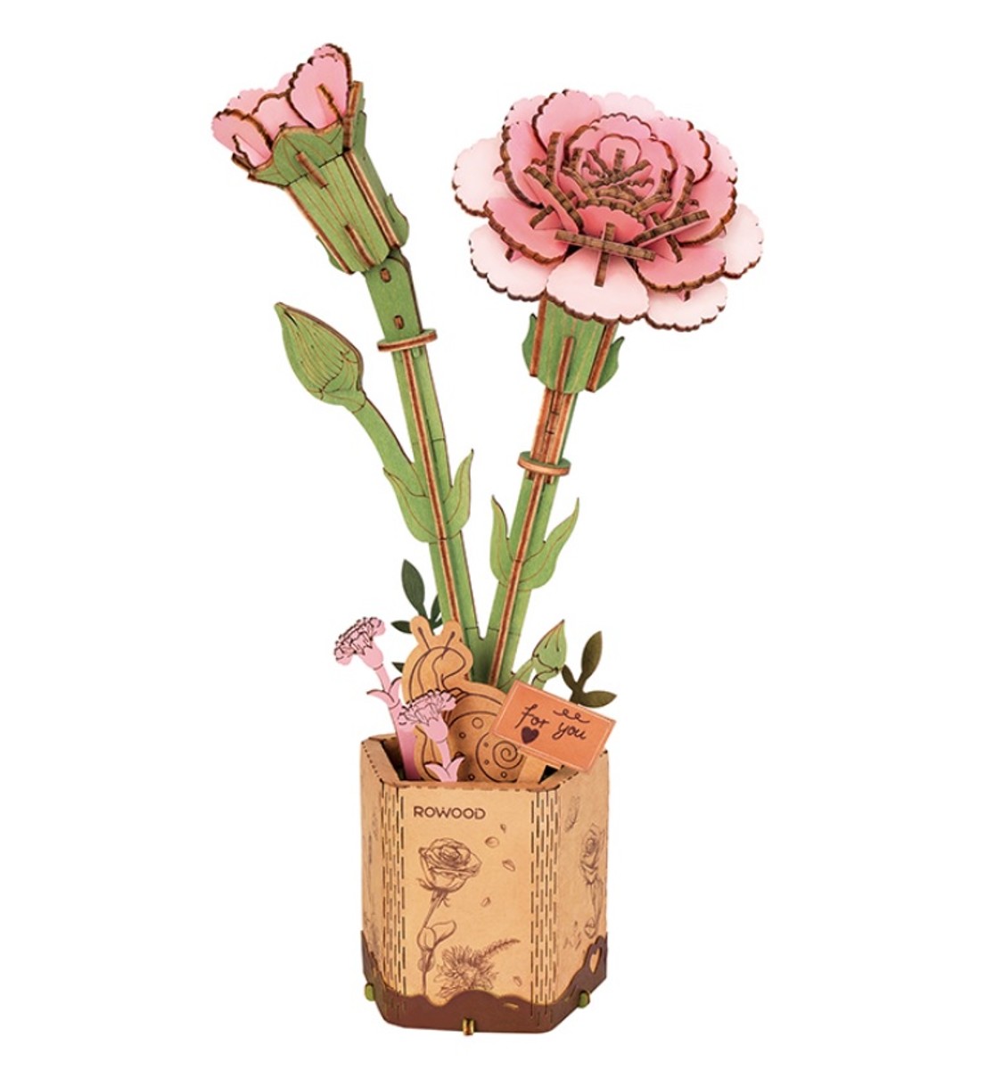 Robotime houten 3D puzzel - Pink Carnation