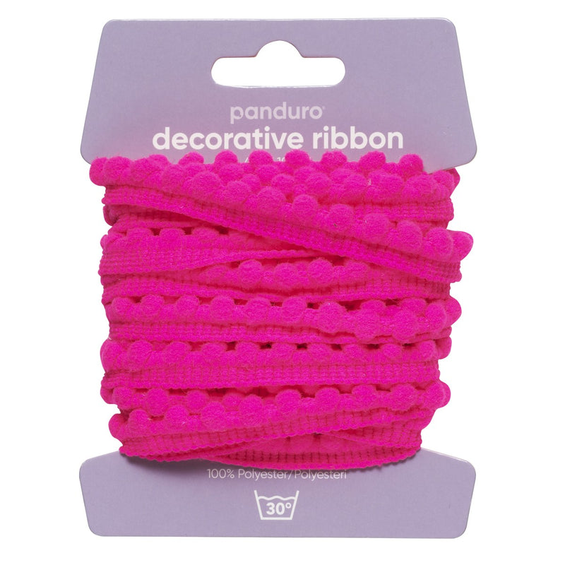Decoratief lint - 4 meter - pompons neonroze