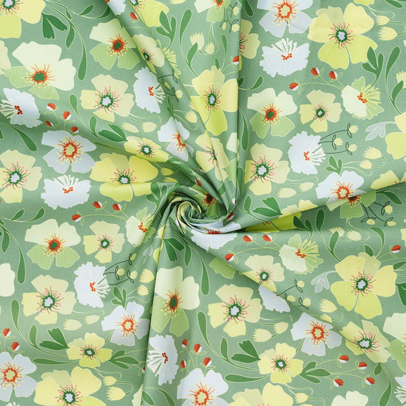 Stof katoen - 100 x 70 cm - flower green