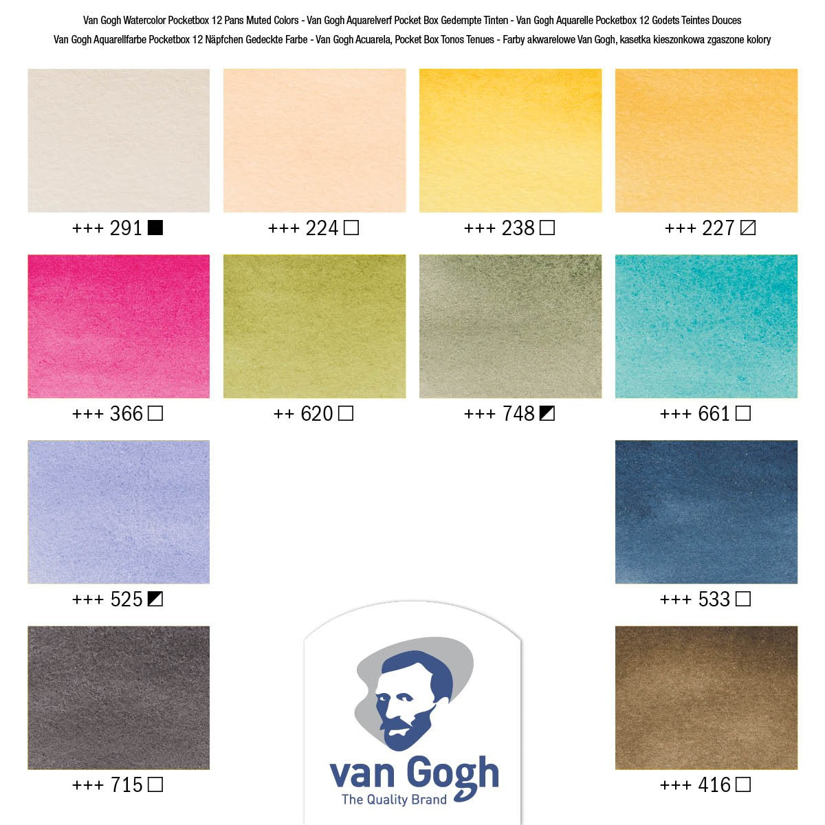 van Gogh aquarelverf pocket box - 12 halve napjes - gedempte tinten