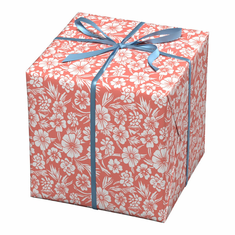 Cadeaupapier - 10 meter - koraalroze/witte bloemen