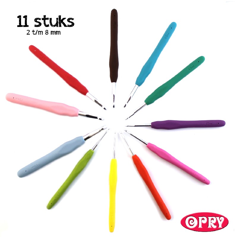 Opry haaknaalden set - softgrip - 11 stuks - 2 tot 8 mm