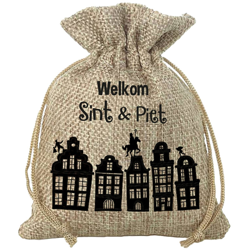 Jute uitdeelzakje - Sint & Piet huisjes