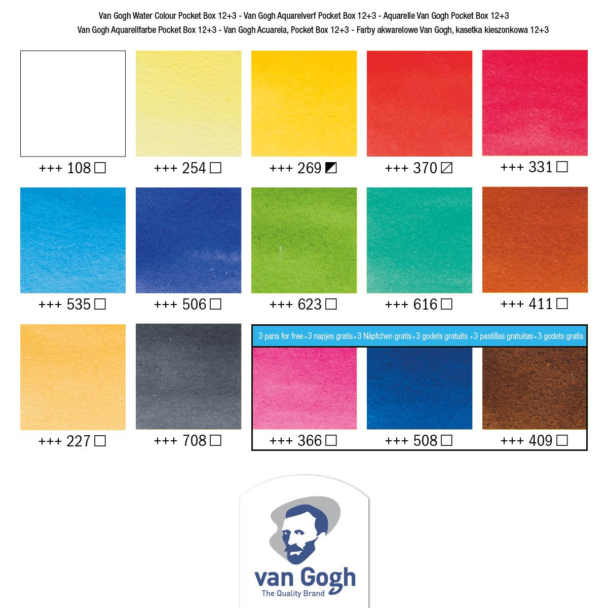 van Gogh aquarelverf pocket box - 12+3 halve napjes - basic