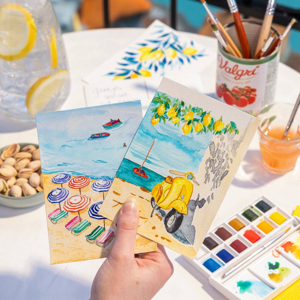 ansichtkaarten met aquarelverf