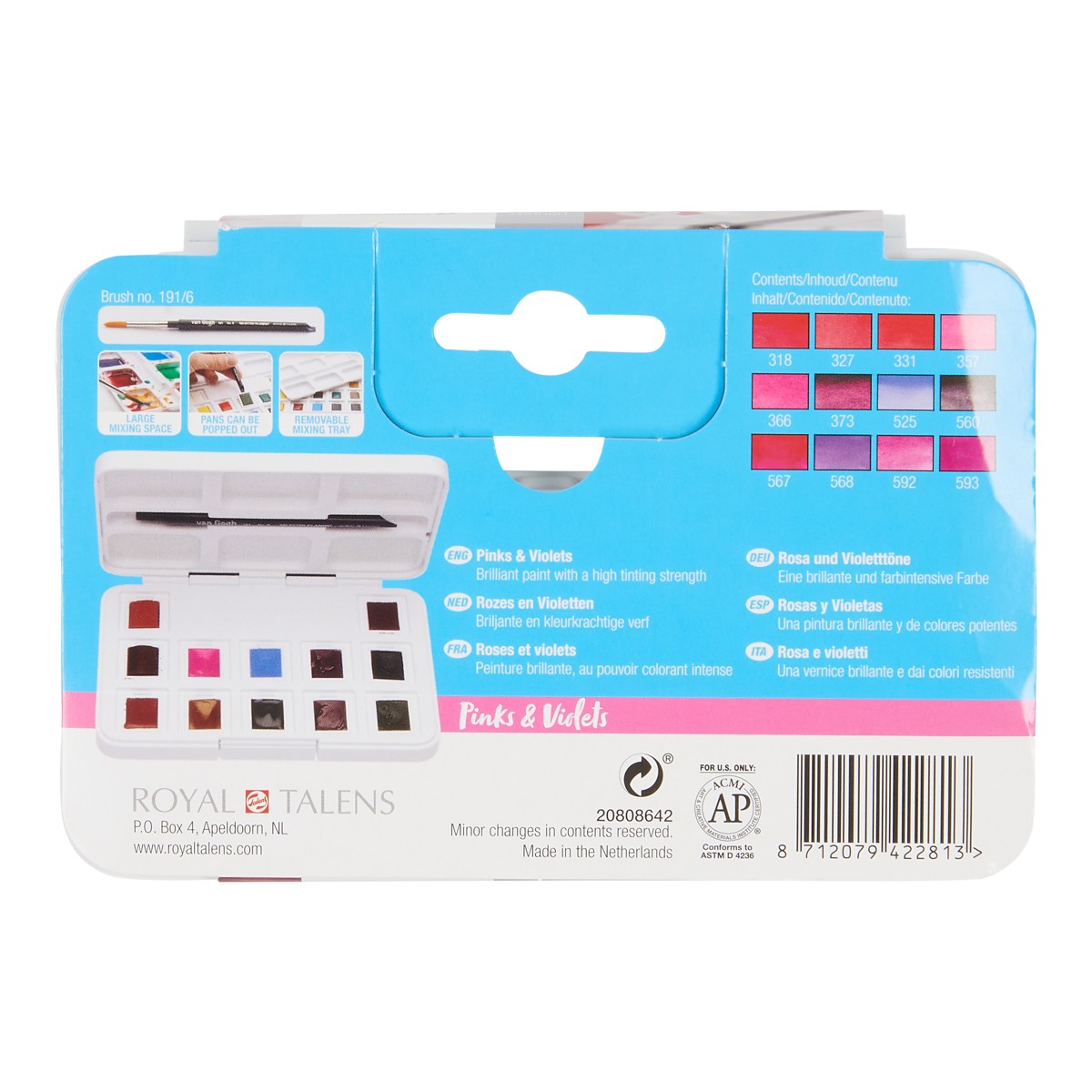 van Gogh aquarelverf pocket box - 12 halve napjes - roze/violet