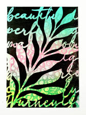 Gelli Arts - leaves & script stencil - 12,7 x 17,8 cm