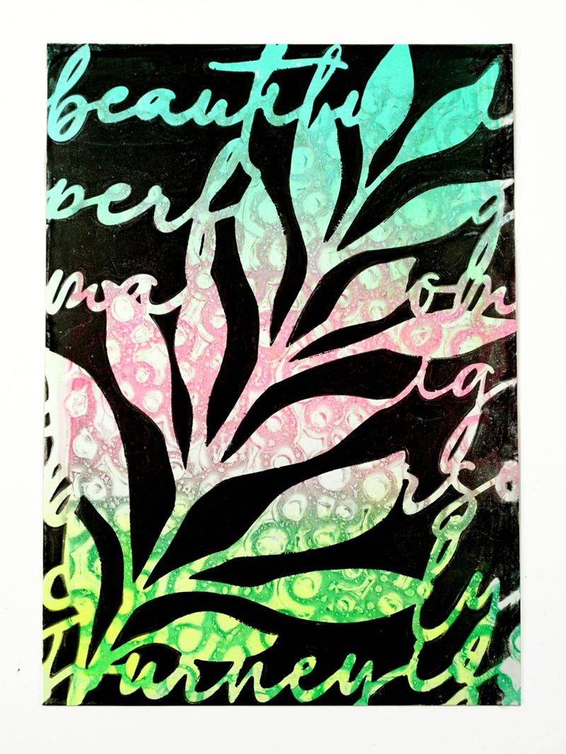 Gelli Arts - leaves & script stencil - 12,7 x 17,8 cm